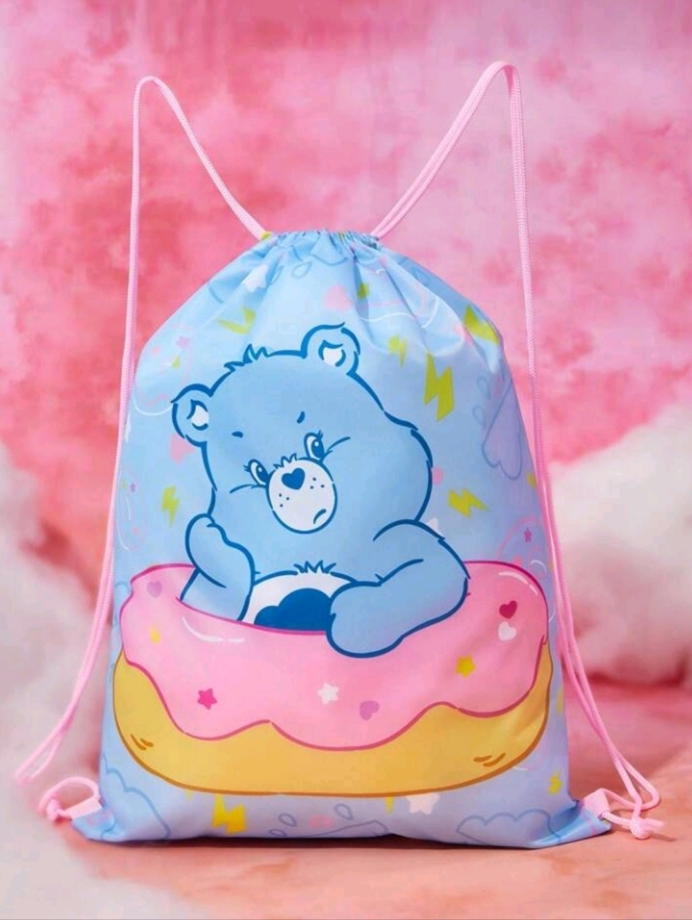 Care Bears Blue Drawstring Satchel with Pink Donut Graphic